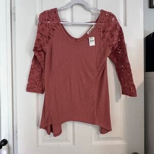 NWT Chloe & Katie Womans Dusty Rose Pink  3/4 Lace sleeved Blouse  Sz: S